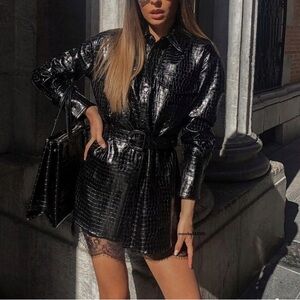 Zara Black Faux Leather Texture Croc Animal Print Jacket Dress Size L NWT